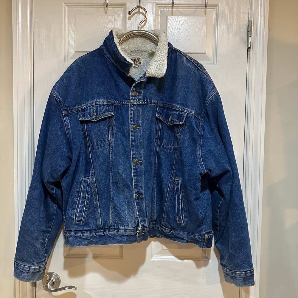 Vintage Ely Outerwear Sherpa Lined Denim Trucker Jacket XXL Blue Jean Coat Mens